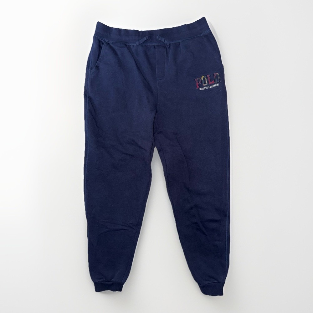 Ralph Lauren Boys Navy Blue Sweatpants Joggers Plaid Logo Cotton Blend XL 18/20